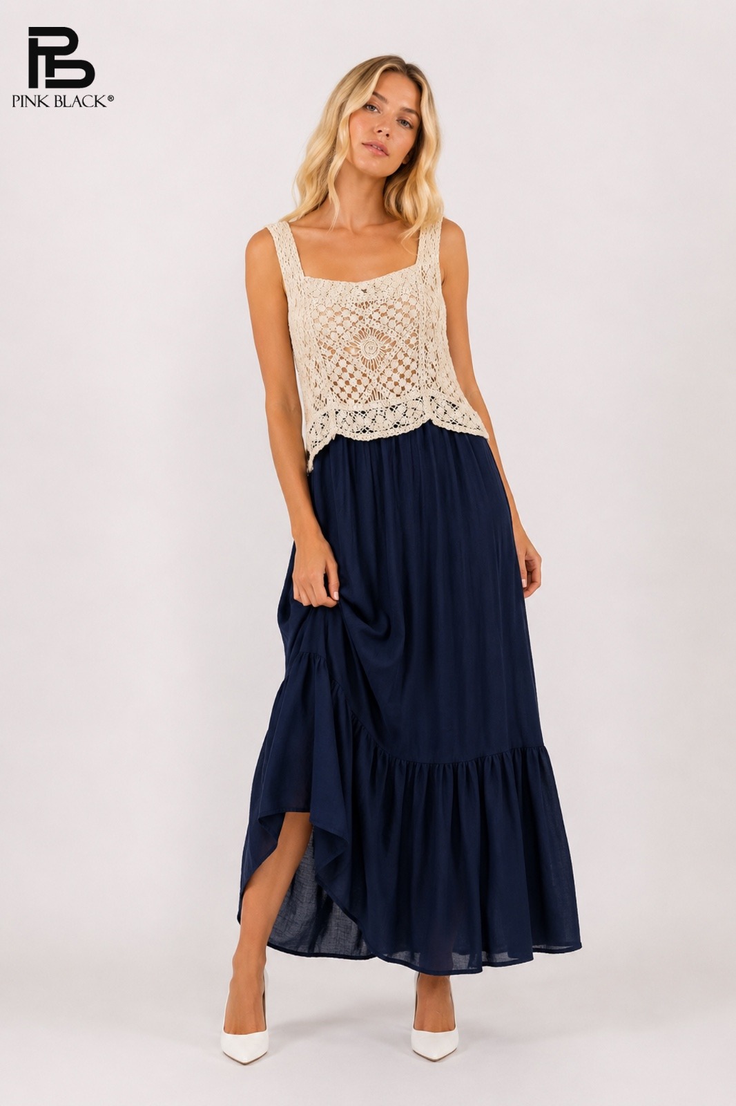 MAXI DRESS WITH CROCHET TOP AND FLARED SKIRT | Paris Fashion Shops