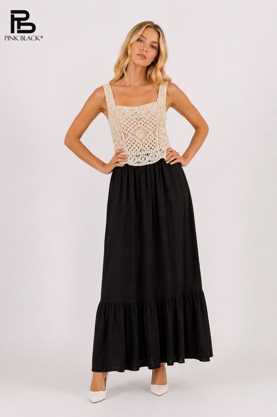 Mayorista Yitaly Style - VESTIDO MAXI CON TOP DE CROCHET Y FALDA ACAMPANADA