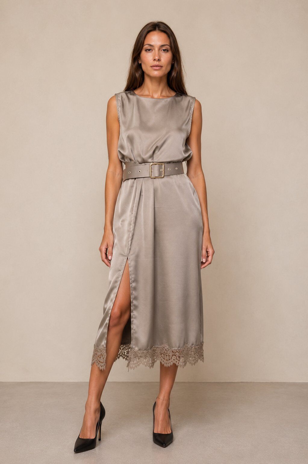 Wholesaler Yitaly Style - SATIN DRESS WITH BELT AND LACE