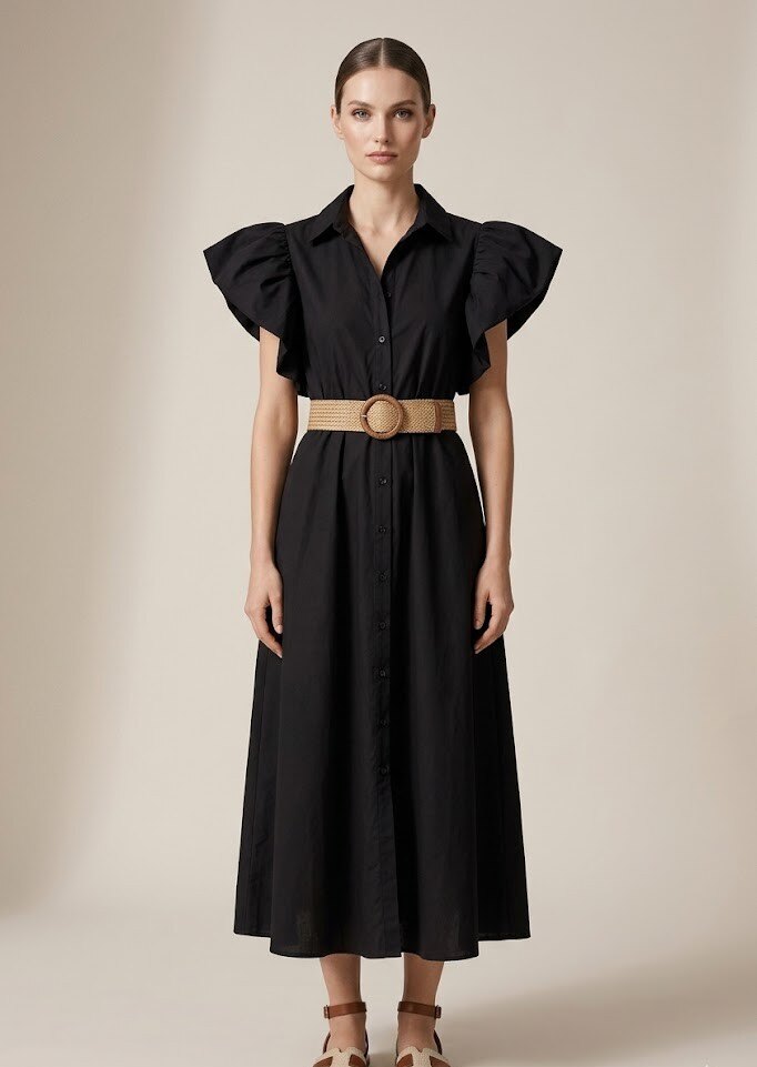 Mayorista Yitaly Style - VESTIDO CAMISERO DE ALGODÓN CON CINTURÓN TRENZADO Y MANGAS CON VOLANTES