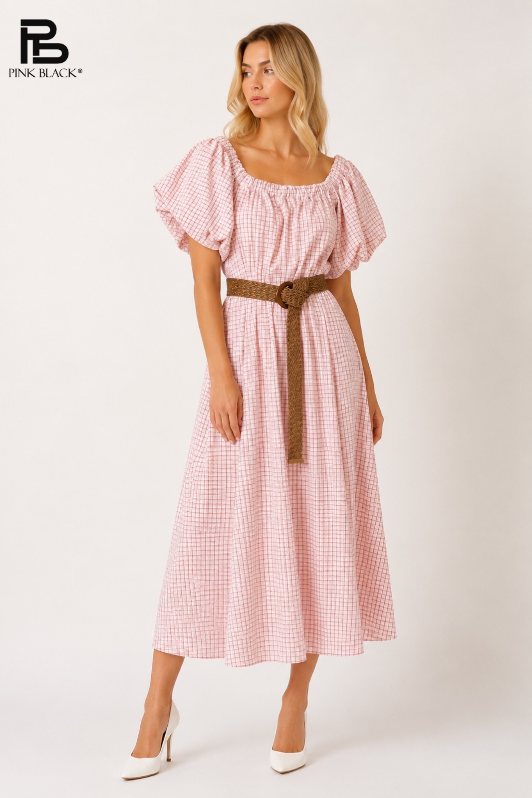 Wholesaler Yitaly Style - CHECKERED MIDI DRESS WITH STRAW BELT