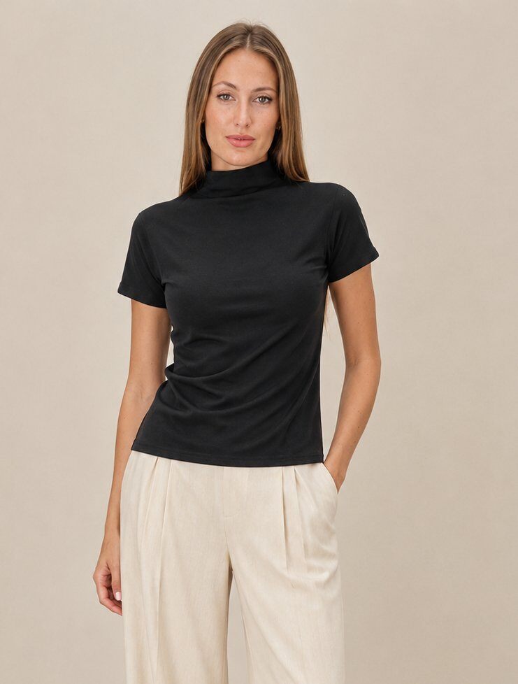 Mayorista Yitaly Style - TOP DE VISCOSA DE MANGA CORTA CON CUELLO ALTO