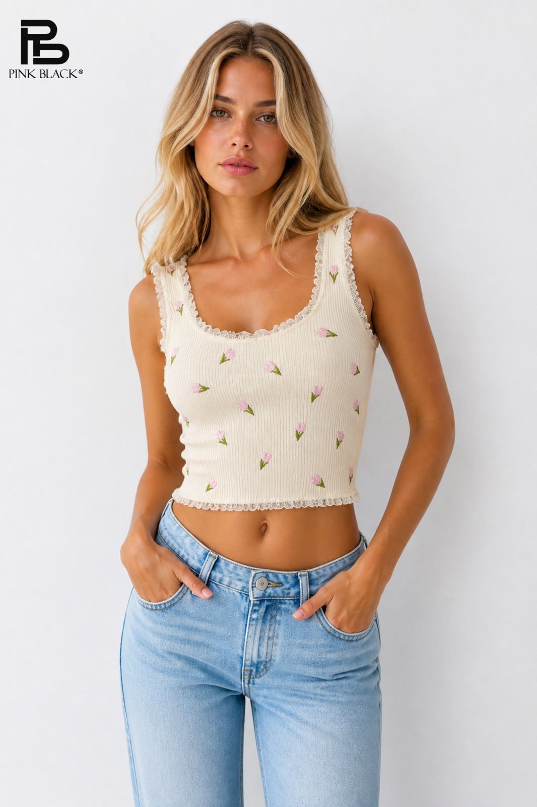 Wholesaler Yitaly Style - RIBBED CROP TOP WITH EMBROIDERY