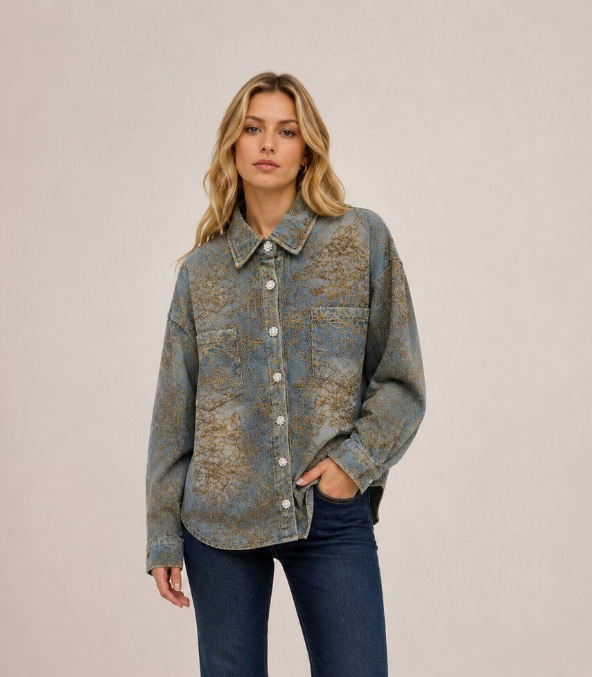 Wholesaler Yitaly Style - DENIM JACKET WITH SHINY THREAD EMBROIDERY AND JEWEL BUTTONS