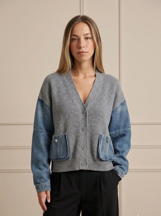 Wholesaler Yitaly Style - Knit and Denim Combo Cardigan