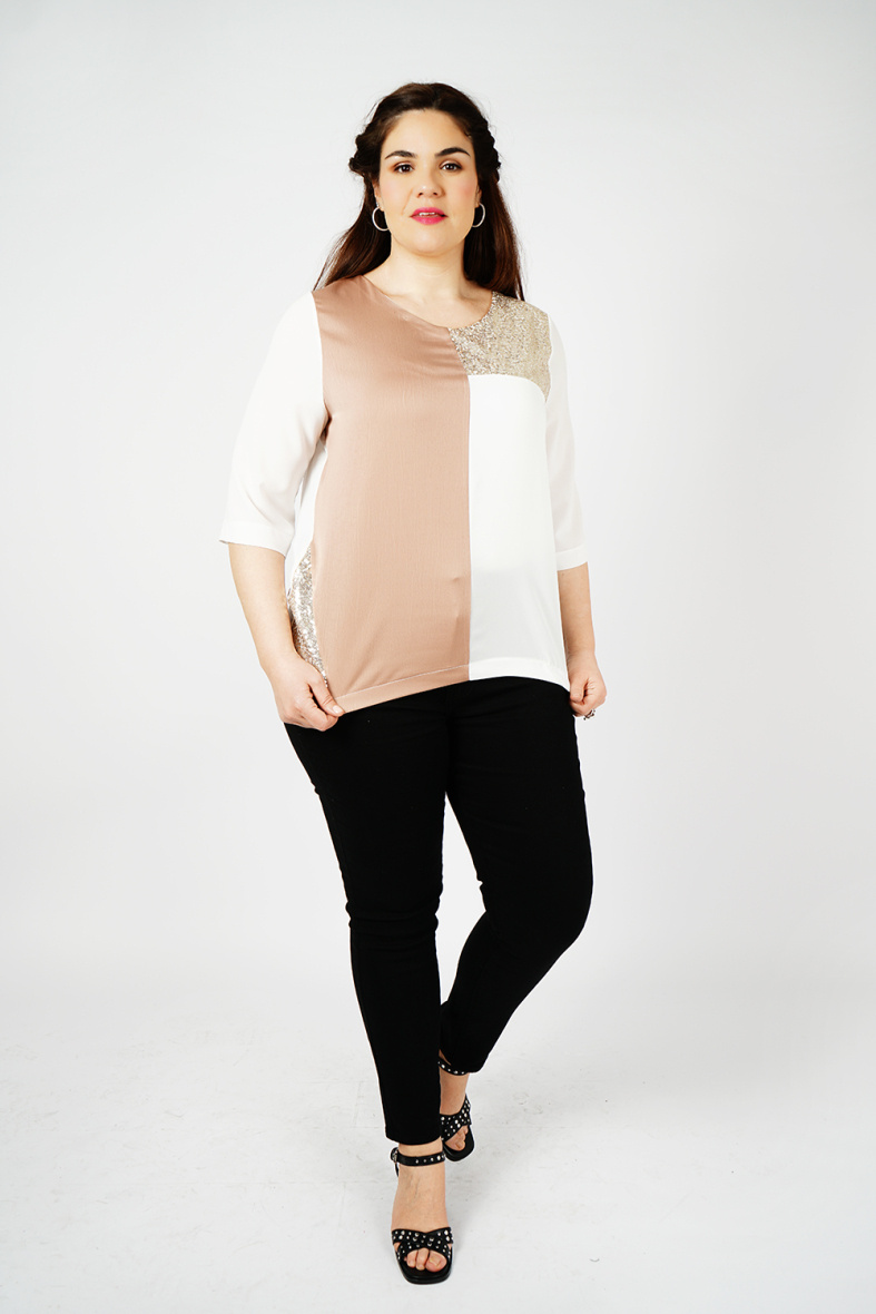Grossista You Udress Size+ - TUNICA BIANCO BEIGE PAILLETTES COLOR BLOCK