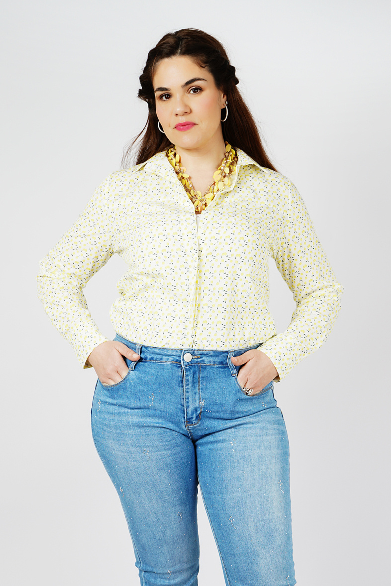 Grossiste You Udress Size+ - CHEMISE BLANC JAUNE CINTRÉE IMPRIMÉE