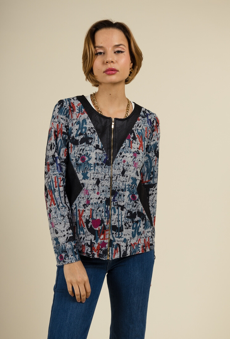 Wholesaler You Udress Size+ - Printed gray knit vest with faux leather inserts