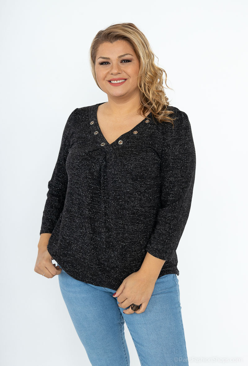 Großhändler You Udress Size+ - Schwarzer Pullover mit V-Ausschnitt und 3/4-Ärmeln