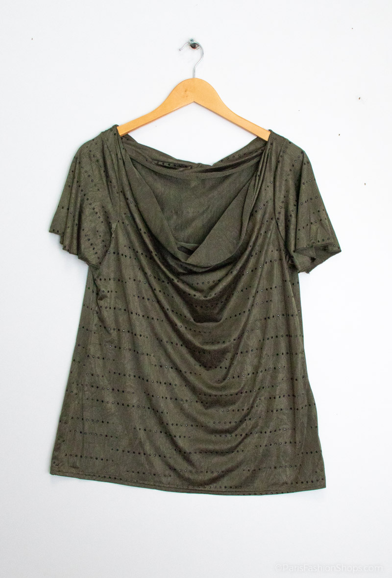 Grossista You Udress Size+ - Top color kaki con scollo a cascata