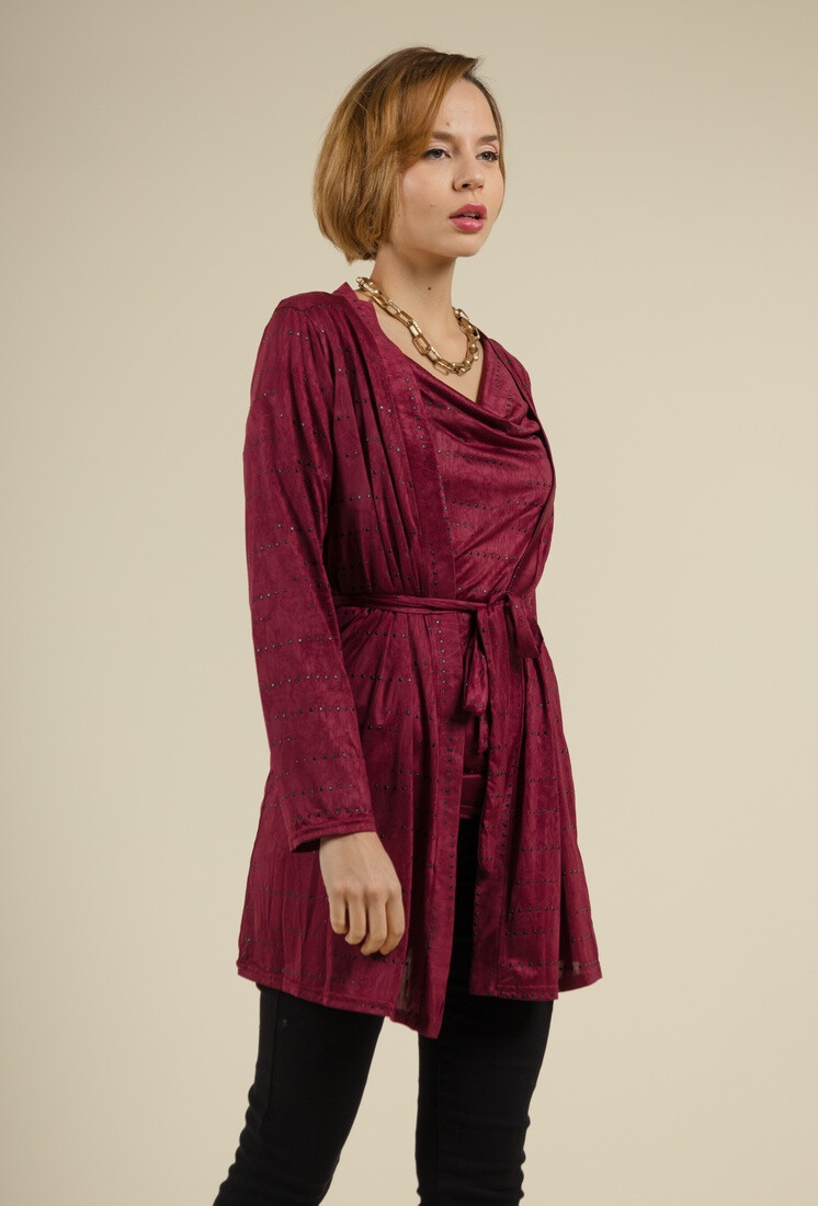 Grossiste YOU UDRESS - Gilet Bordeaux Long Manches Longues avec Fermeture Ceinture Cloutée