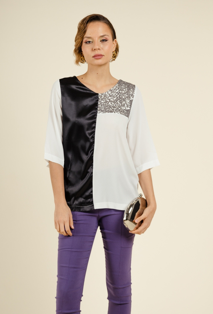Wholesaler YOU UDRESS - TUNIQUE BLANC NOIR  COLOR BLOCK SEQUINS
