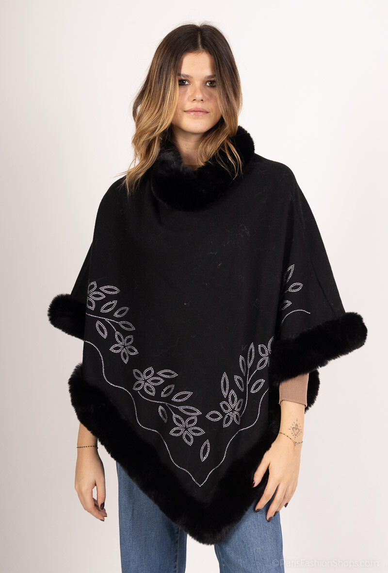 Wholesaler Yu&Me - Floral pattern and faux fur poncho