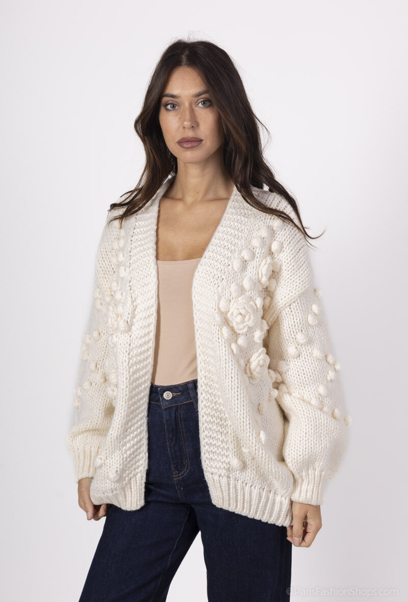 Wholesaler Yu&Me - Loose knit cardigan with flowers and embossed details