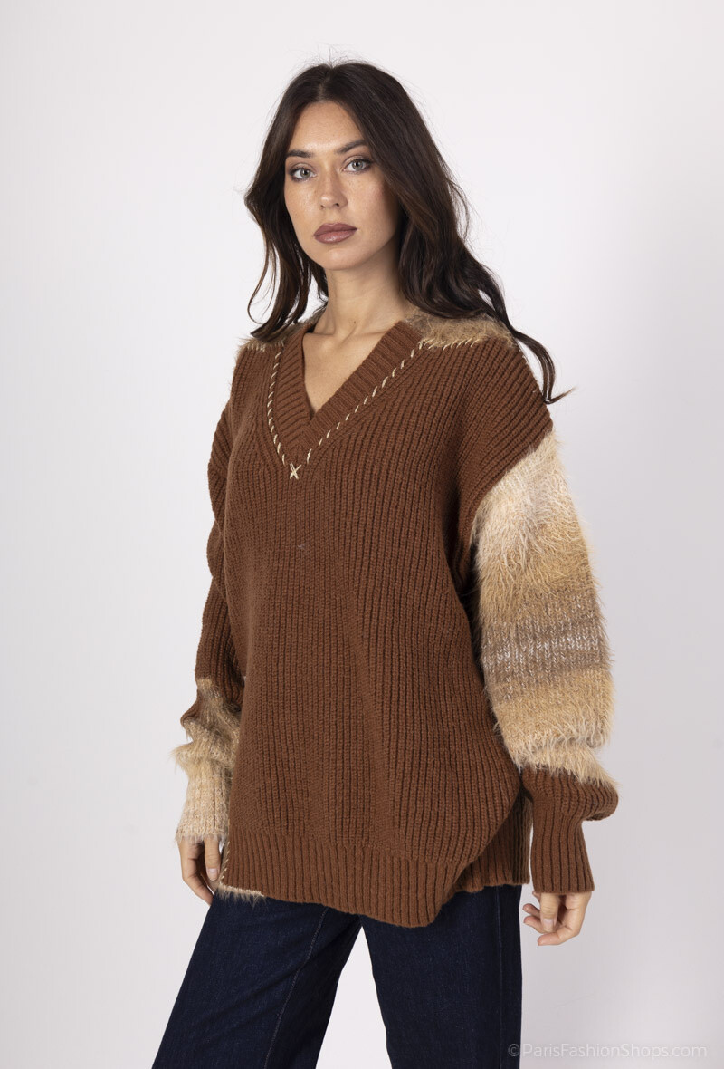 Wholesaler Yu&Me - Loose V-neck sweater with knit details