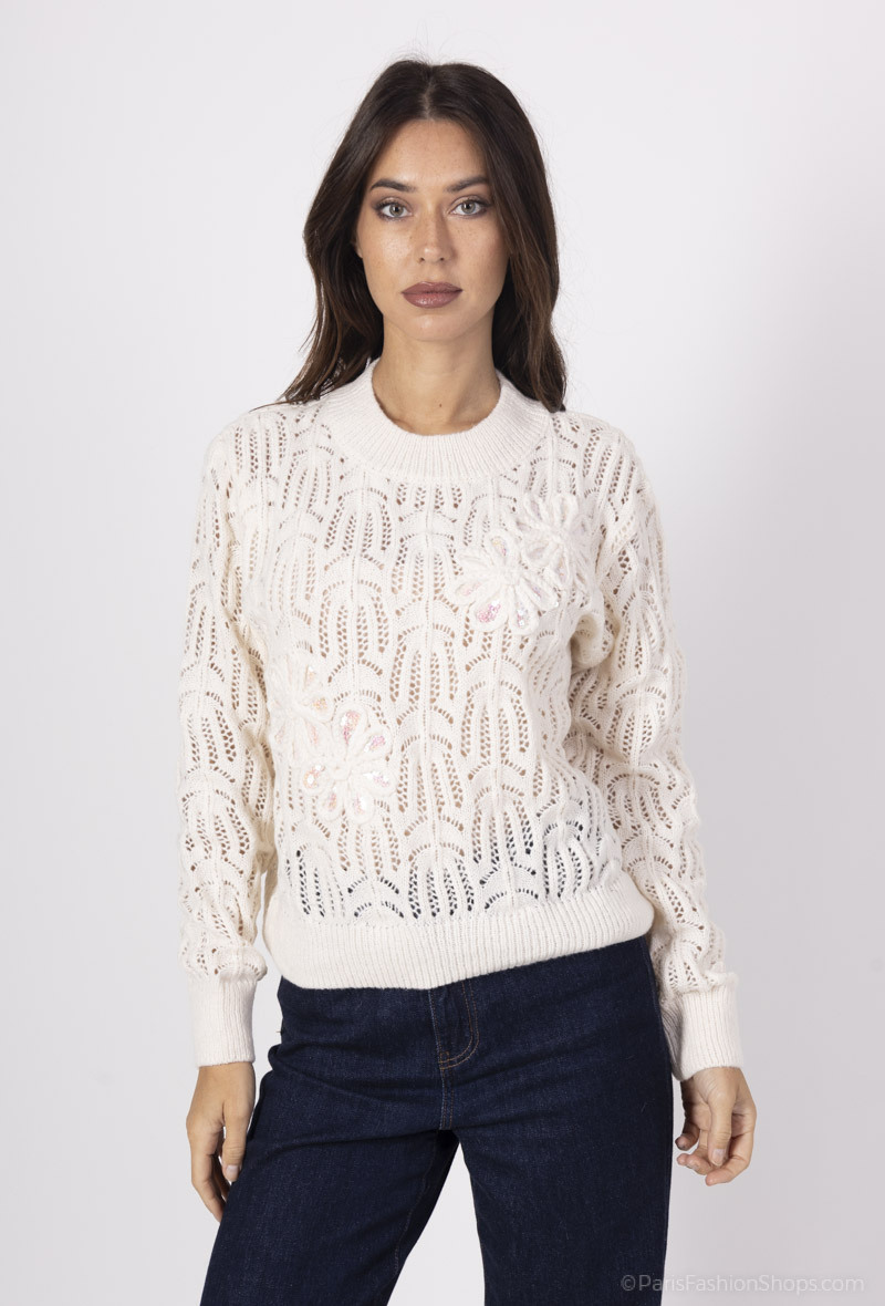 Wholesaler Yu&Me - Openwork knit sweater with sequin flowers