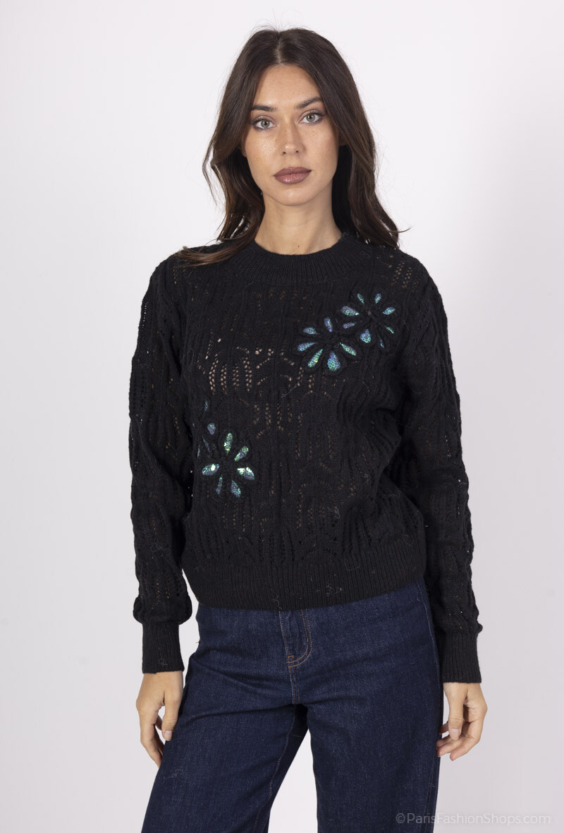 Wholesaler Yu&Me - Openwork knit sweater with sequin flowers