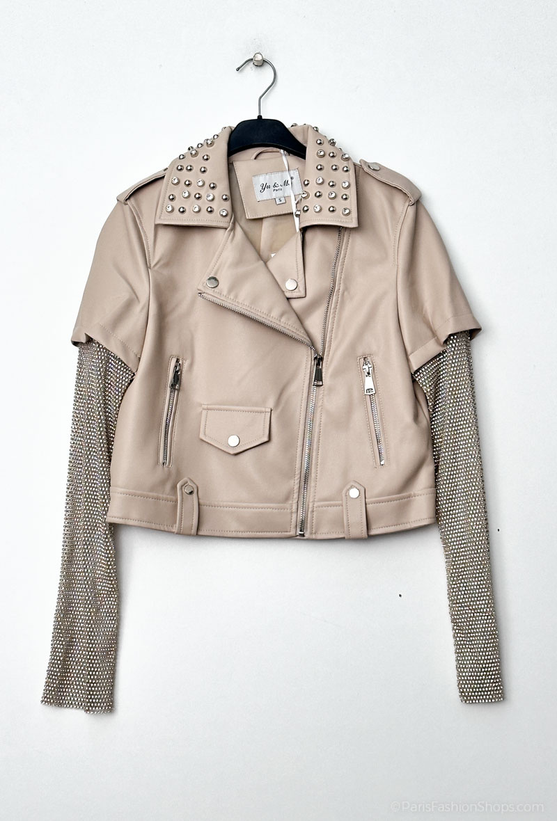 Wholesaler Yu&Me - Faux leather jacket with shiny mesh sleeves