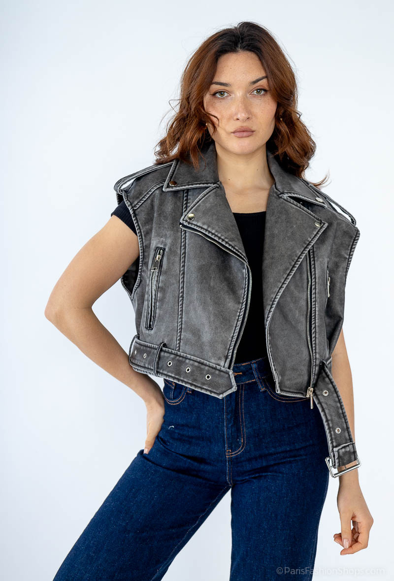 Wholesaler Yu&Me - Short faded sleeveless faux leather jacket