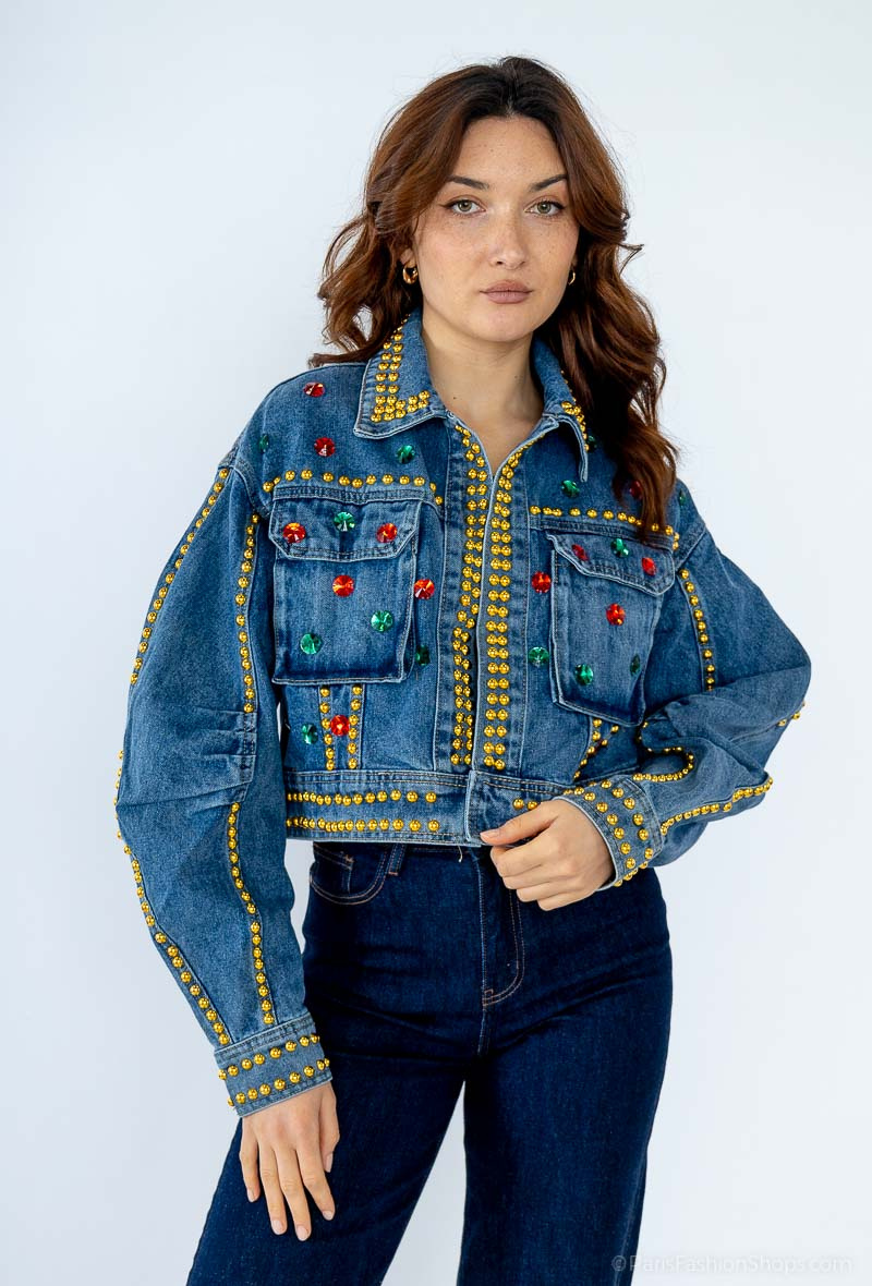 Wholesaler Yu&Me - Short denim jacket with studs and gems