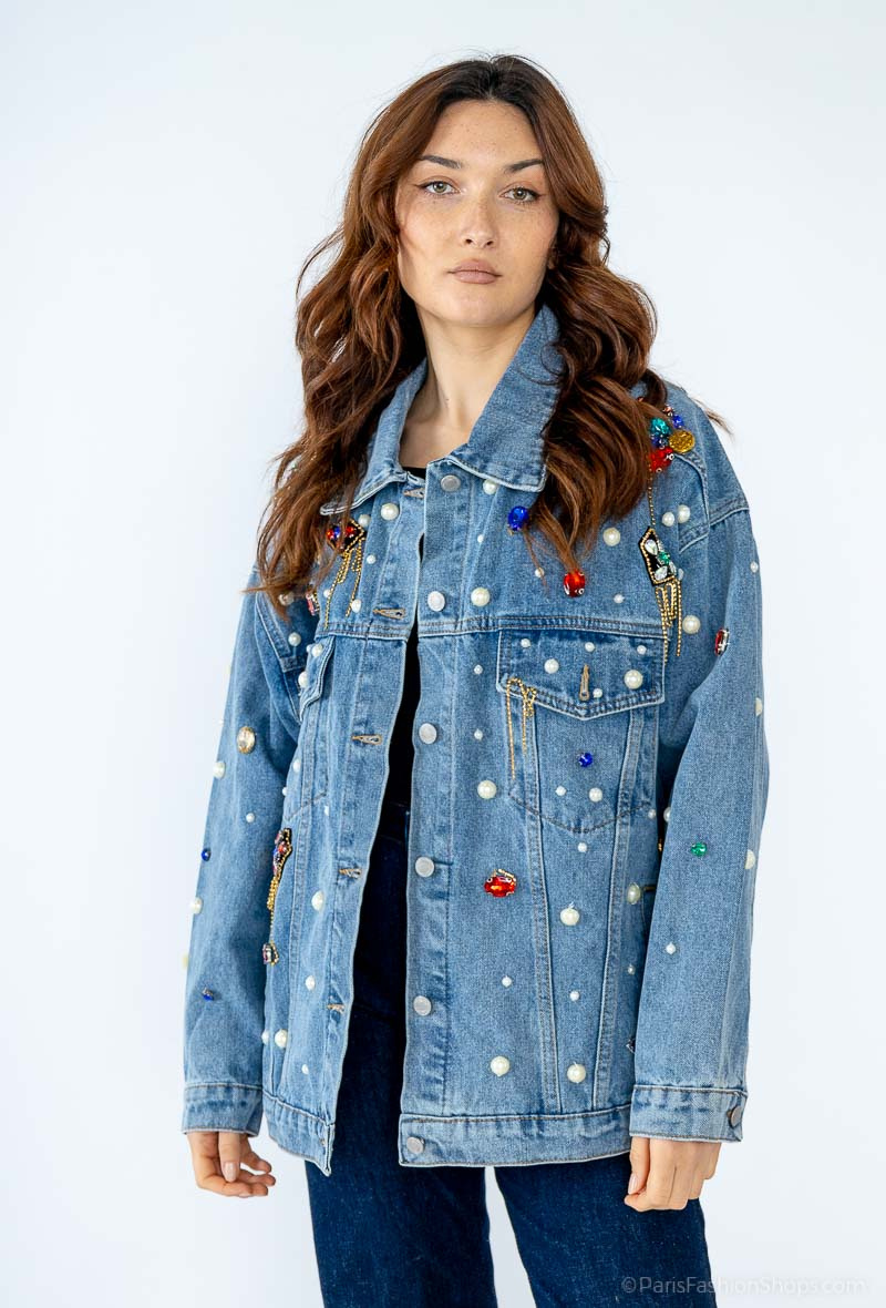 Wholesaler Yu&Me - Denim jacket with pearls and gems