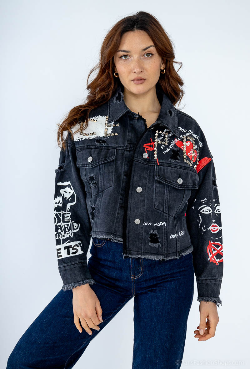 Wholesaler Yu&Me - Ripped Studded Denim Jacket