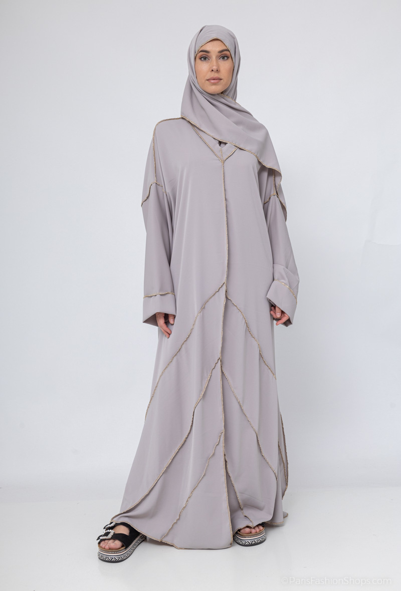 Wholesaler ZABULON 3 - Abaya dress with integrated veil decorated with gold stitching and flared