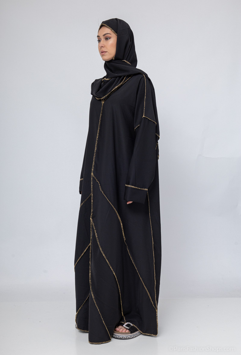 Grossiste ZABULON 3 - Robe Abaya avec voile intégré ornée de coutures dorées et évasée