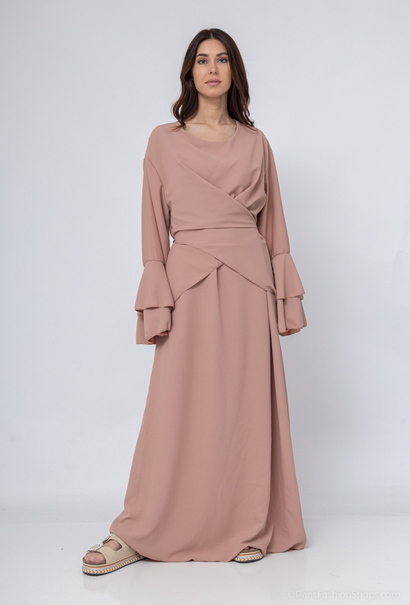 Grossiste ZABULON 3 - Robe Abaya manche doublé et avec un lien a nouer au dos