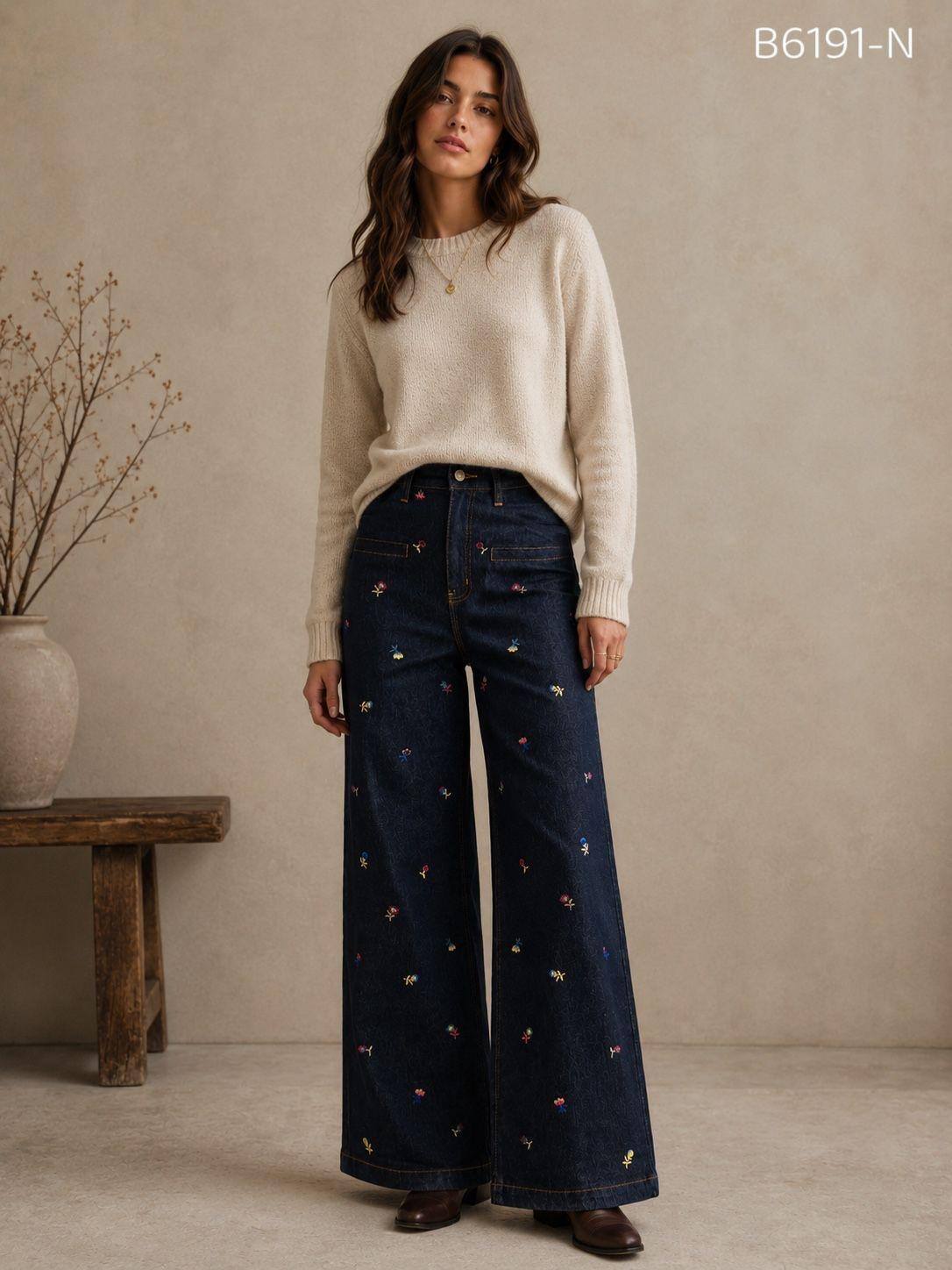 Grossiste Zac & Zoé - JEANS WIDE LEG BRODÉ FLEURS