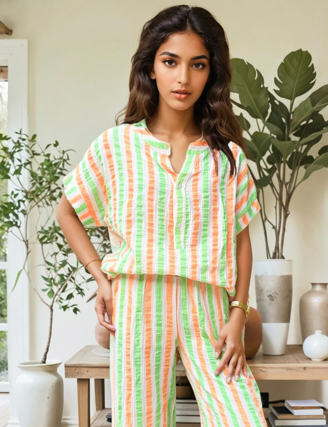 Grossiste Zafa Braderie - Blouse à bouton gaz de coton à imprimé rayure fluo