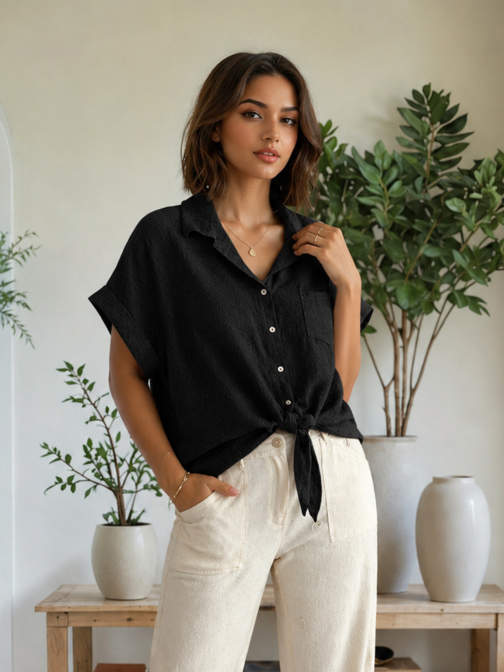 Grossiste Zafa Braderie - Chemise à bouton, effet lin, nouable à l'avant