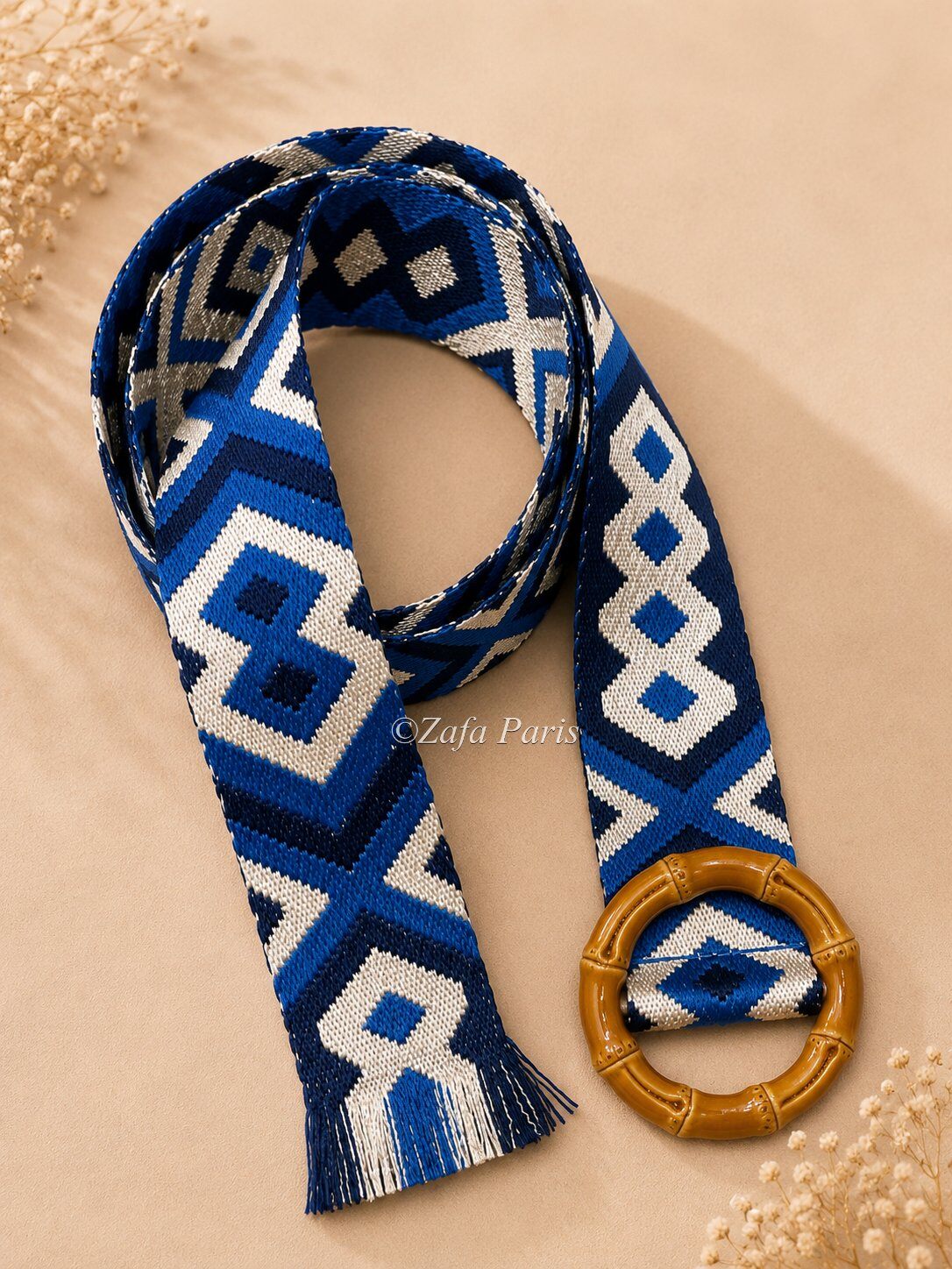 Grossiste Zafa - Ceinture bohème en tissu brodé avec boucle ronde effet bambou