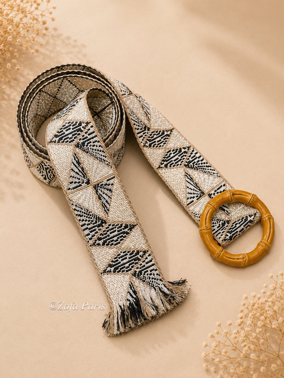 Grossiste Zafa - Ceinture bohème en tissu brodé avec boucle ronde effet bambou