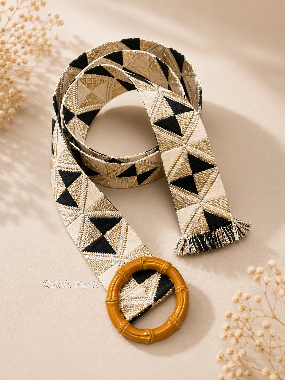 Grossiste Zafa - Ceinture bohème en tissu brodé avec boucle ronde effet bambou