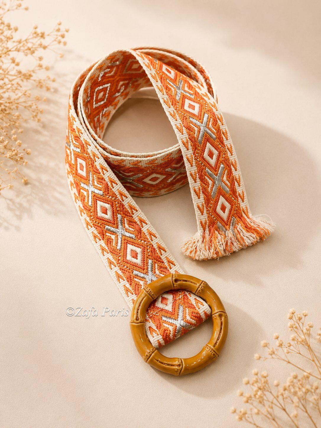 Grossiste Zafa - Ceinture bohème en tissu brodé avec boucle ronde effet bambou