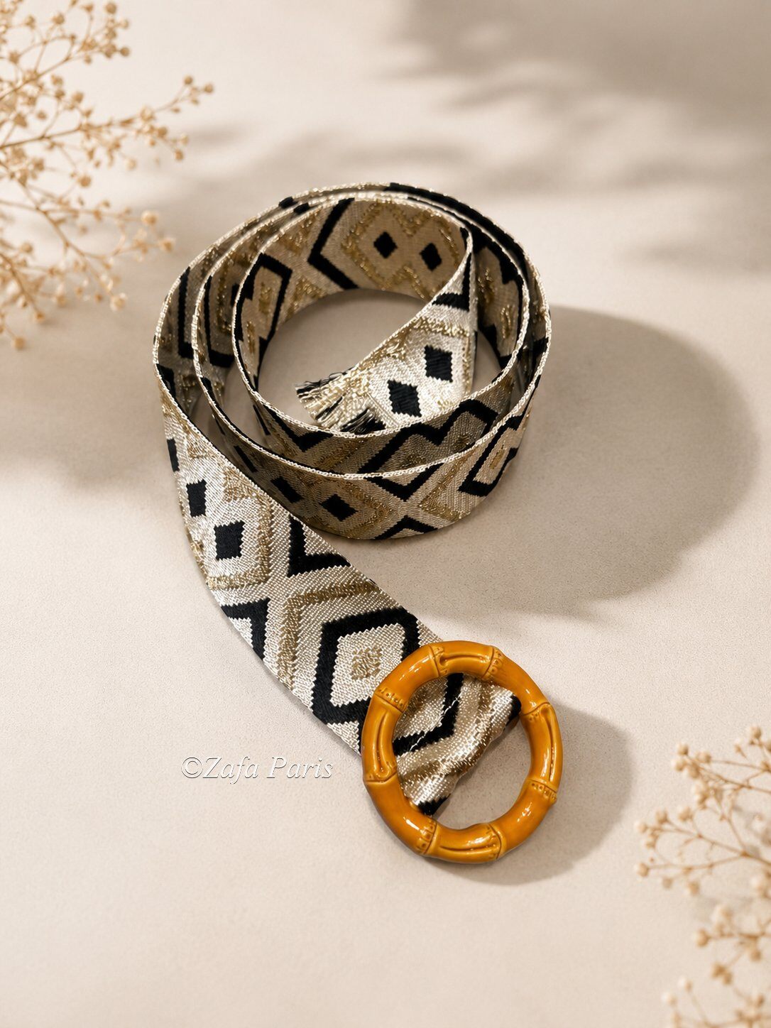 Grossiste Zafa - Ceinture bohème en tissu brodé avec boucle ronde effet bambou