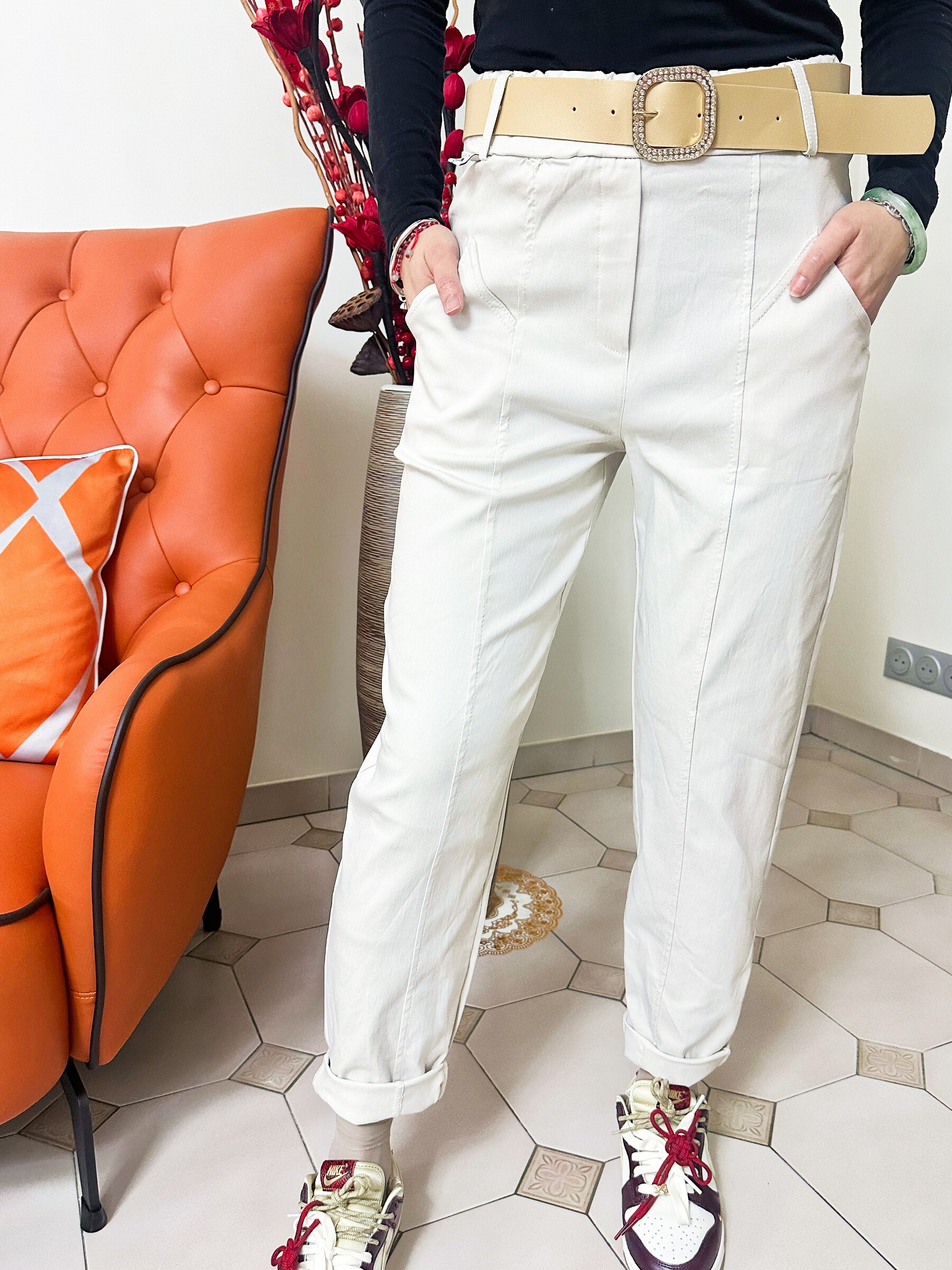 Wholesaler Zafa - Mom cutting pants, belt, plated pockets