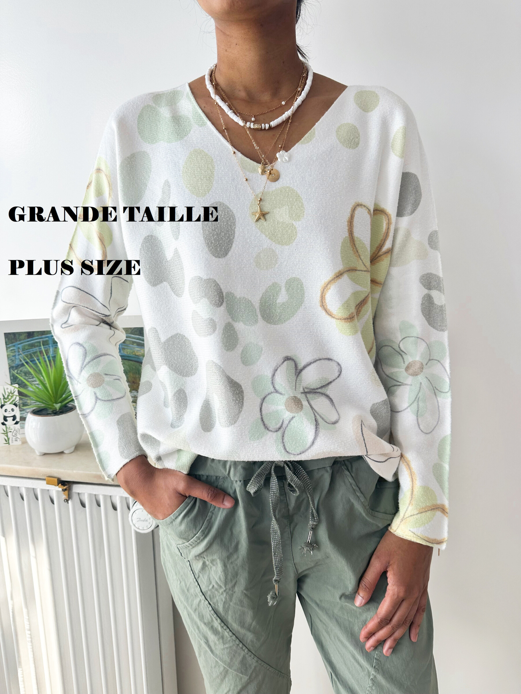 Grossiste Zafa - GRANDE TAILLE Pull en maille de qualité premium sans couture imprimé