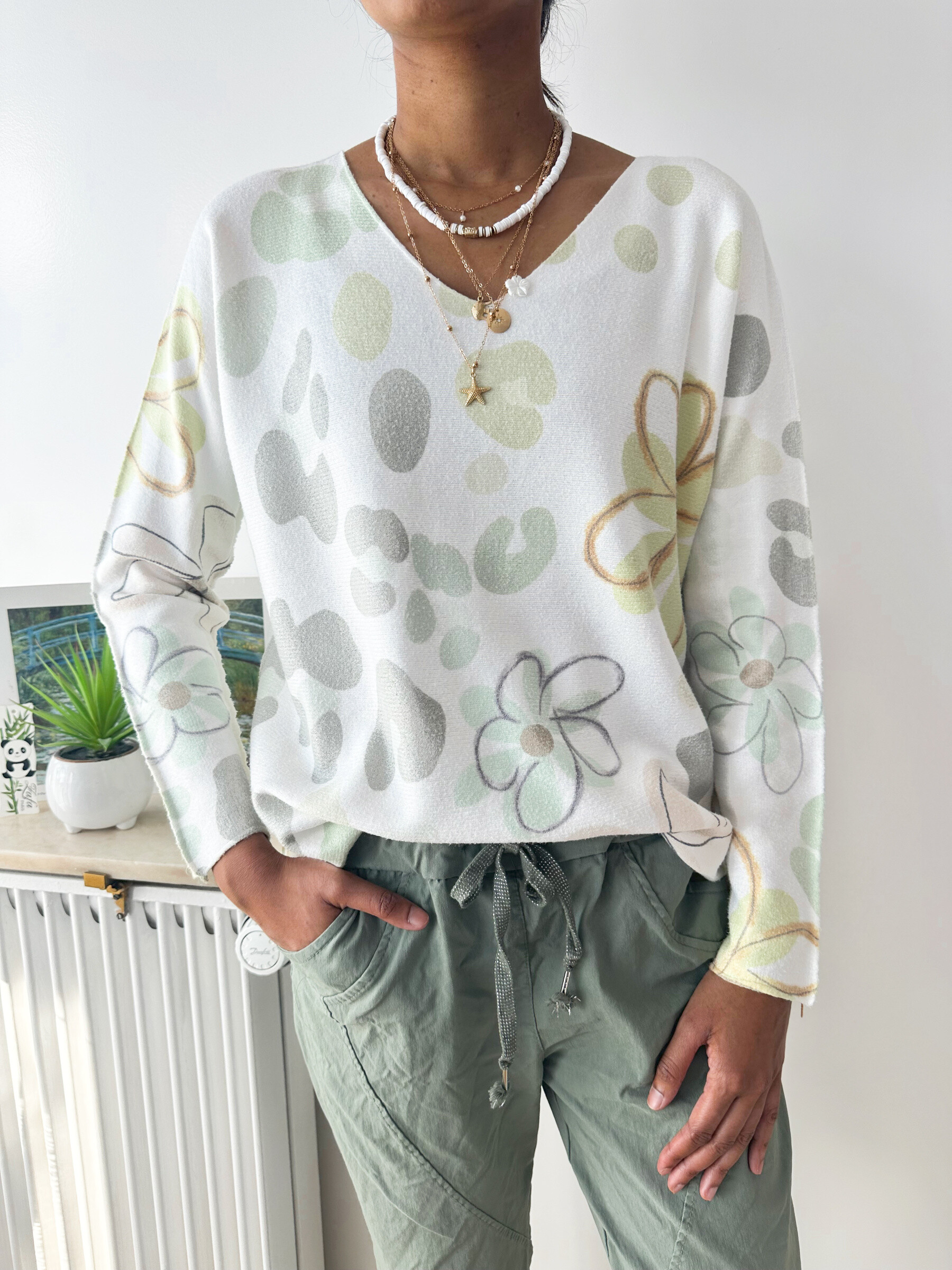 Grossiste Zafa - Pull en maille similaire cachemire, imprimé, col V