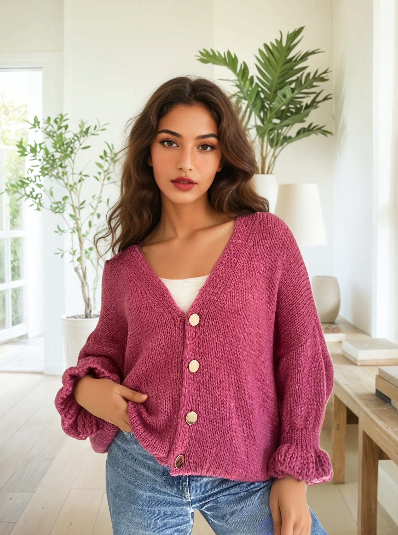 Grossiste Zafa - Cardigan en maille duveteux, avec poches, bouton dorée.