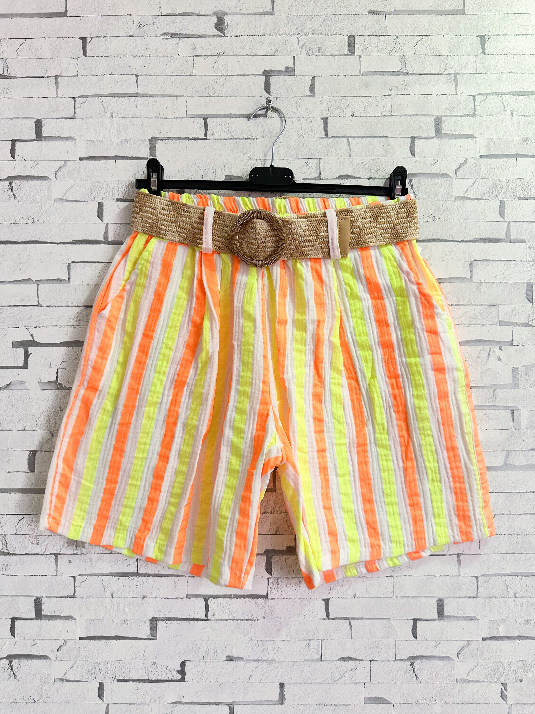 Grossista Zafa - Short in garza di cotone, taglio dritto, a righe fluo