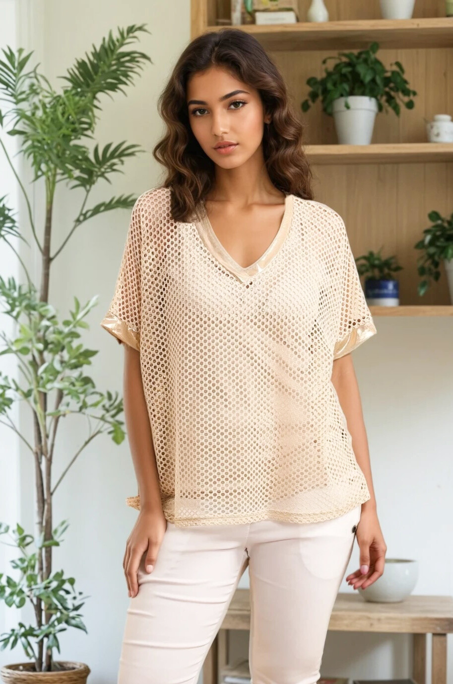 Mayorista Zafa - Top de ganchillo, cuello en V, mangas 3/4 con sus detalles calados