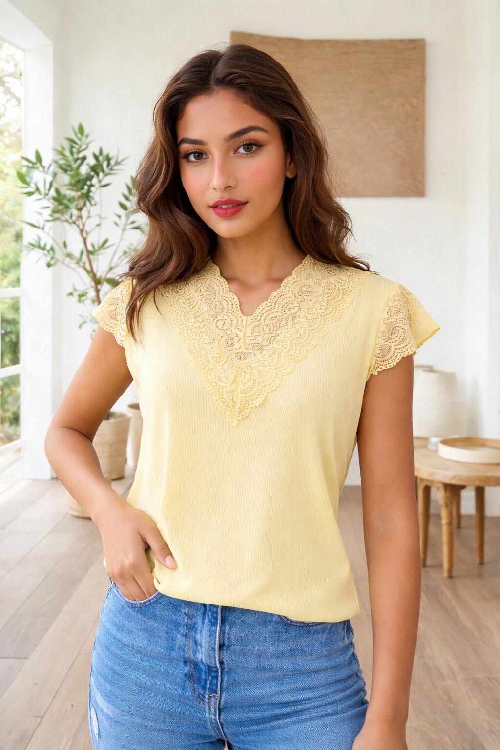 Grossiste Zafa - T-shirt côtelé extra extensible avec dentelle