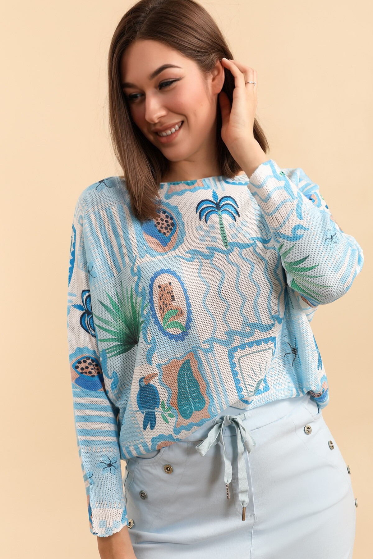 Grossiste Zafa - Pull en maille en col bateau, imprimé