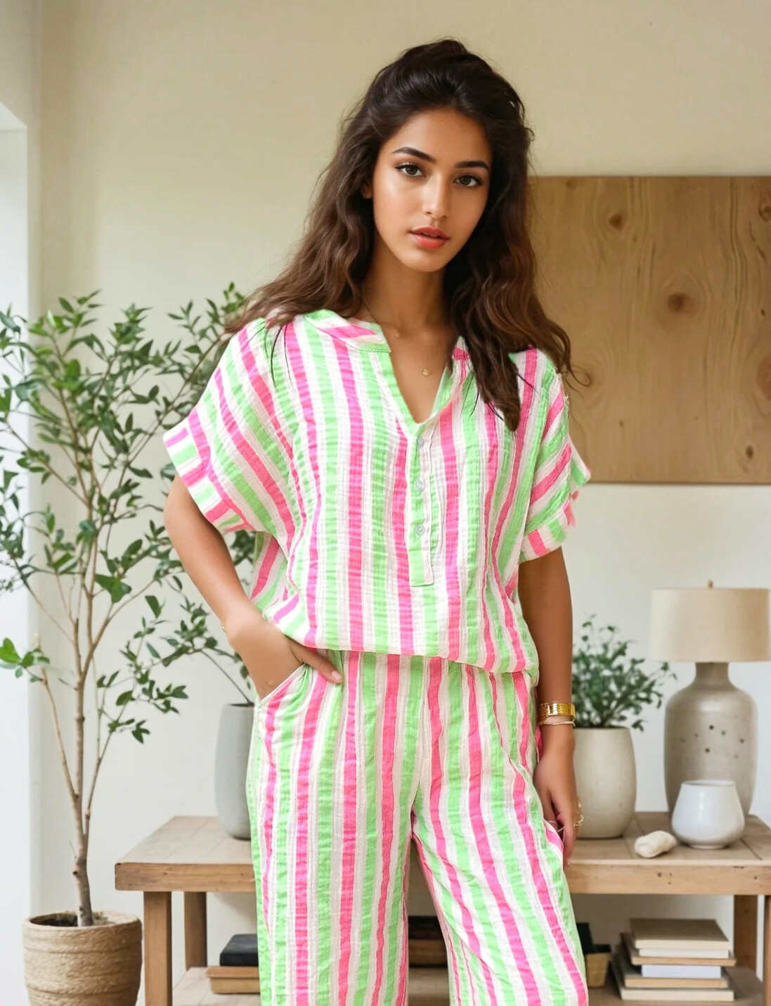 Wholesaler Zafa - Cotton gas button blouse with fluorescent stripe print