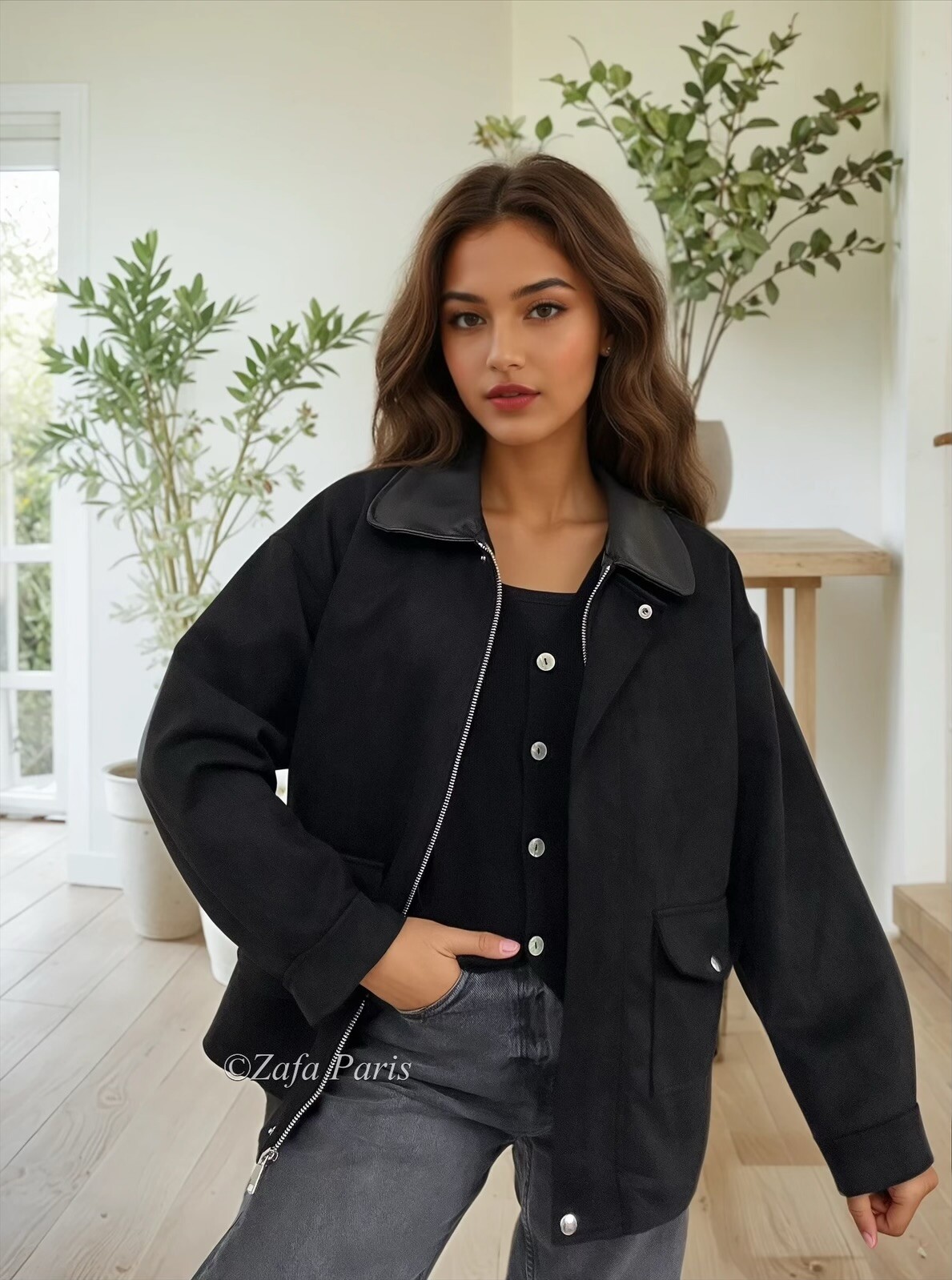 Großhändler Zafa - Zweifarbige Jacke aus Pfirsichhaut / Wildleder mit aufgesetzter Tasche