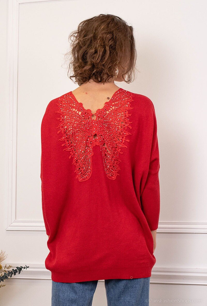 Grossiste Zoe Mode (Elena Z) - Pull TUNIQUE avec dentelle Papillon