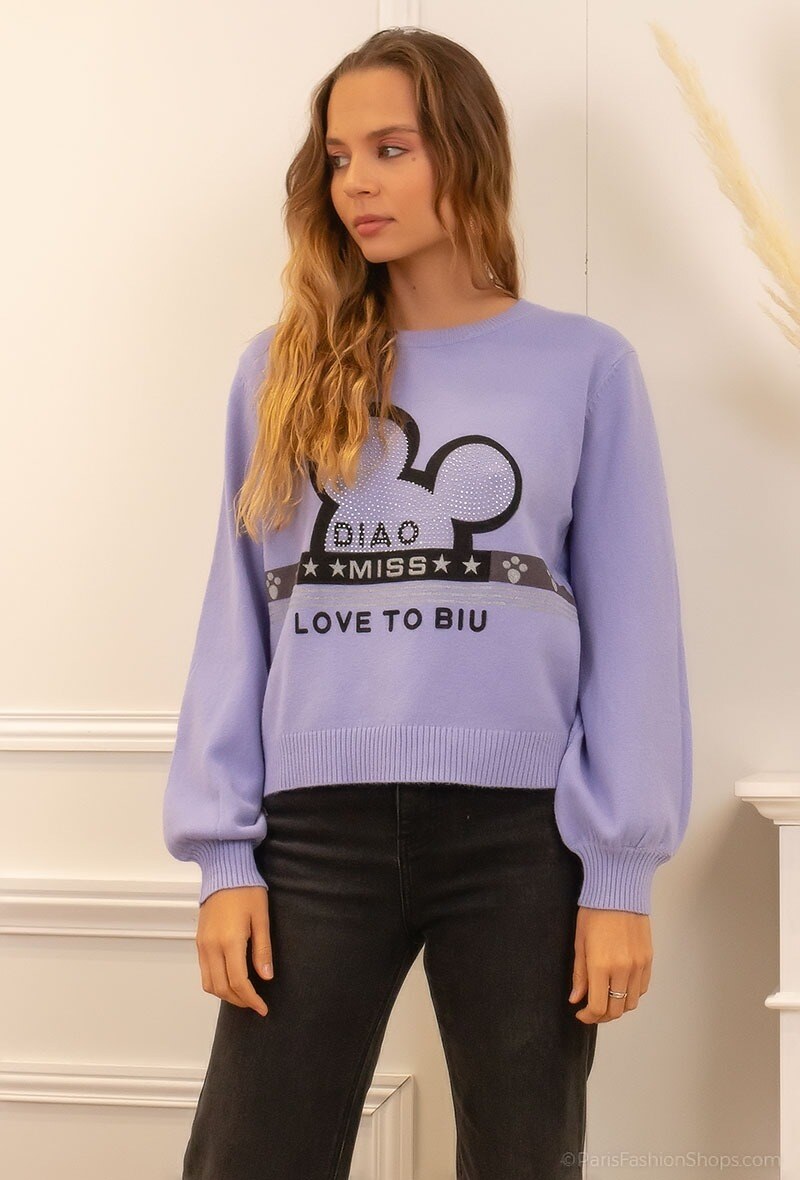 Grossiste Zoe Mode (Elena Z) - Pull Love avec strass et dentelle