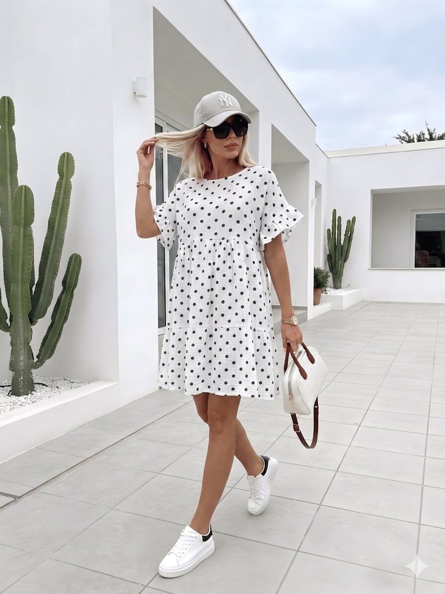 Mayorista zuimi fashion - VESTIDO DE MANGA CORTA - LUNARES TEÑIDO EN PRENDA